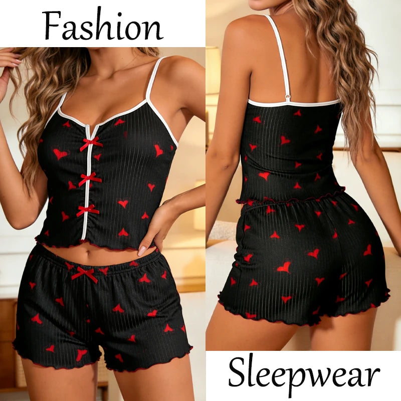 Conjunto de pijama y pantalones cortos con tirantes finos para mujer, ropa de dormir con estampado de corazón de cereza, ropa de dormir Sexy con lazo bonito, S-XL