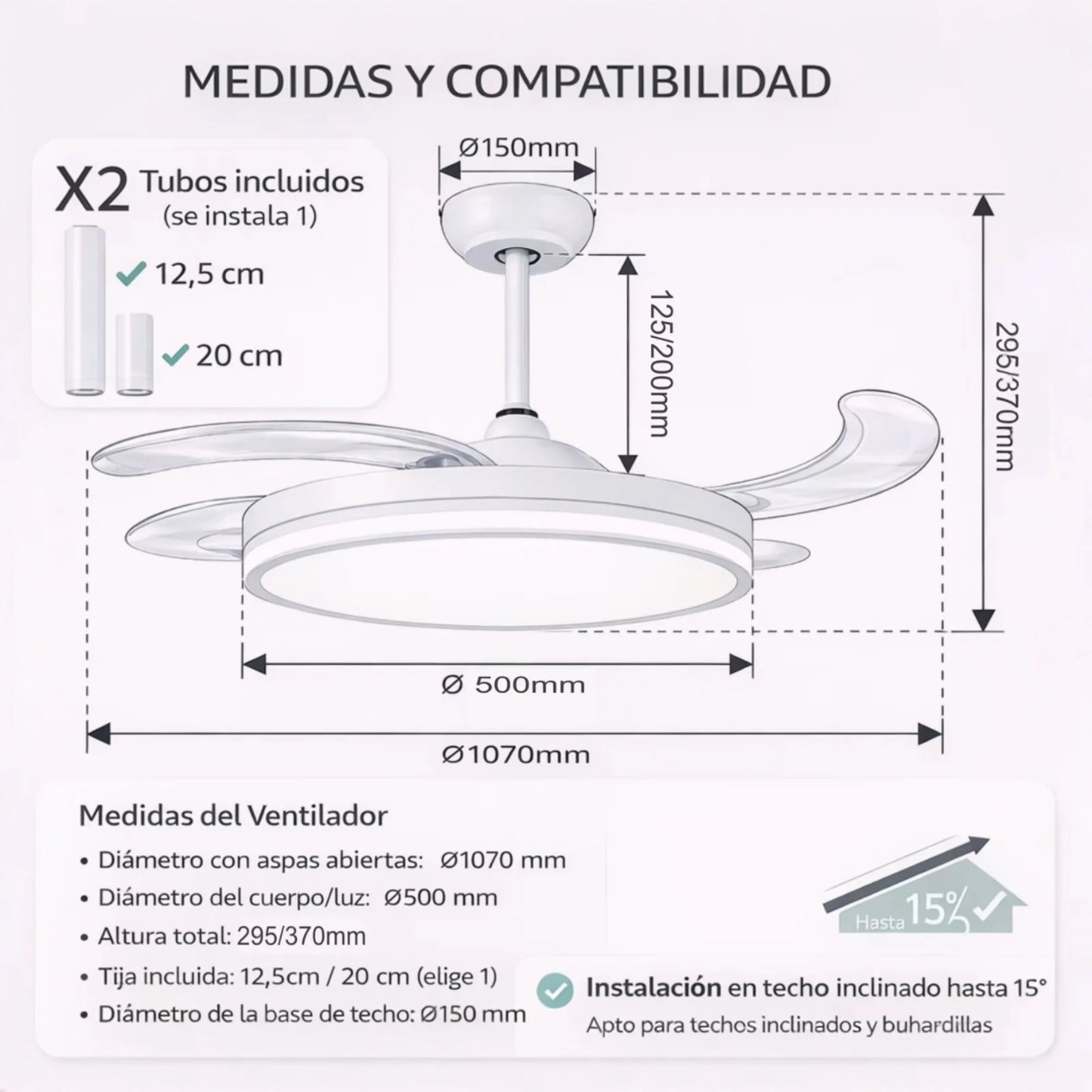 Ventilador de techo con luz LED 36W Blanco en 3 Temperaturas de Luz con Mando a Distancia -Motor DC Eficiente y Silencioso, 3 tonalidades, aspas desplegables retráctiles, 6 velocidades, control remoto, memoria, temporizador