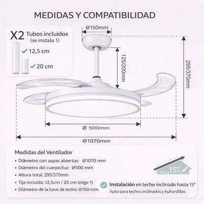 Ventilador de techo con luz LED 36W Blanco en 3 Temperaturas de Luz con Mando a Distancia -Motor DC Eficiente y Silencioso, 3 tonalidades, aspas desplegables retráctiles, 6 velocidades, control remoto, memoria, temporizador