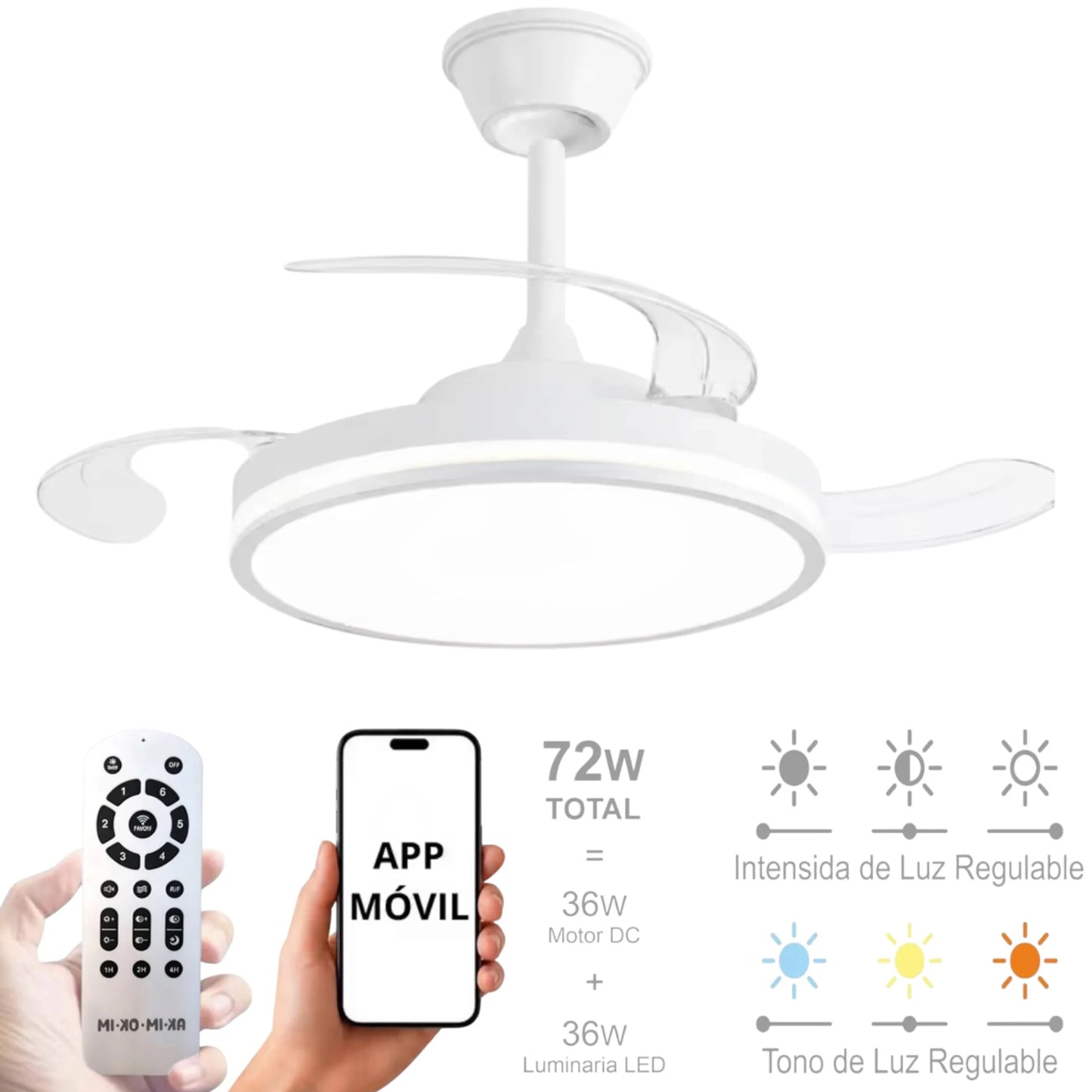 Ventilador de techo con luz LED 36W Blanco en 3 Temperaturas de Luz con Mando a Distancia -Motor DC Eficiente y Silencioso, 3 tonalidades, aspas desplegables retráctiles, 6 velocidades, control remoto, memoria, temporizador