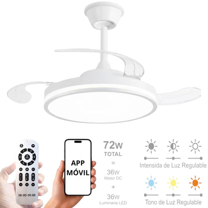 Ventilador de techo con luz LED 36W Blanco en 3 Temperaturas de Luz con Mando a Distancia -Motor DC Eficiente y Silencioso, 3 tonalidades, aspas desplegables retráctiles, 6 velocidades, control remoto, memoria, temporizador