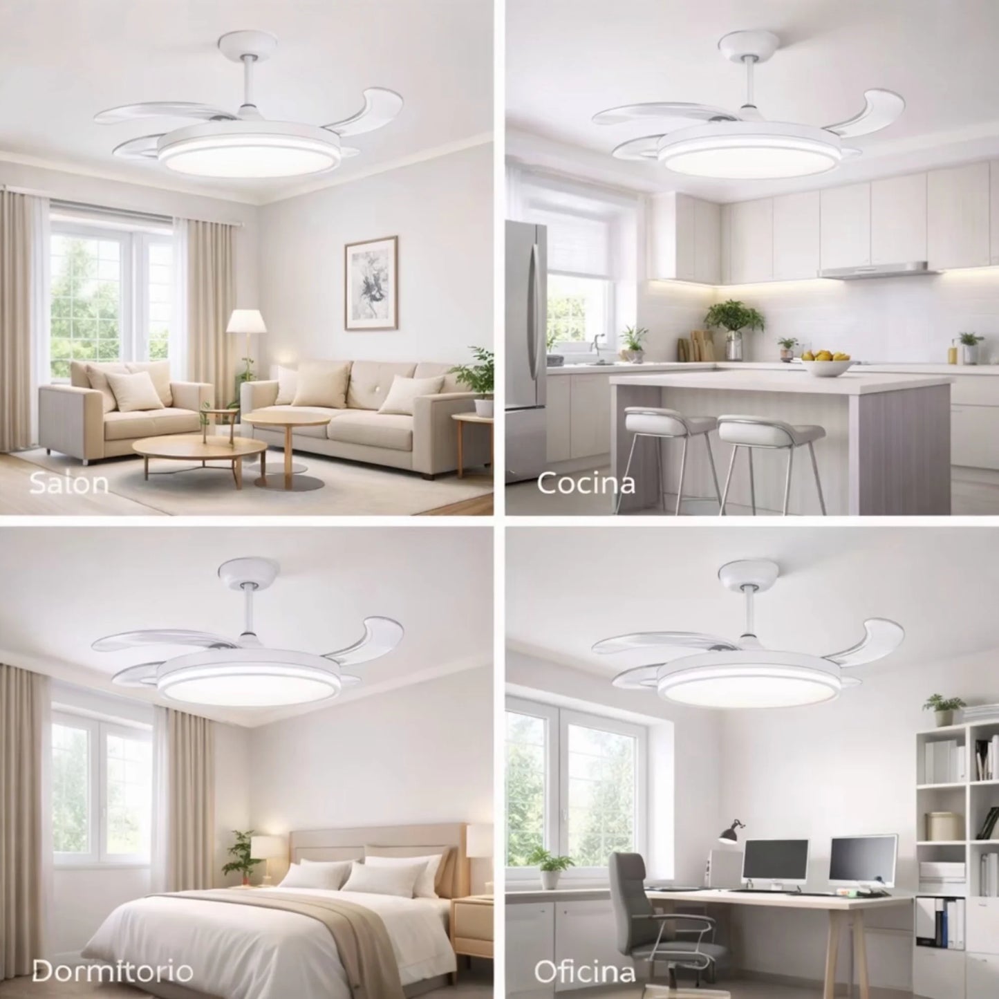 Ventilador de techo con luz LED 36W Blanco en 3 Temperaturas de Luz con Mando a Distancia -Motor DC Eficiente y Silencioso, 3 tonalidades, aspas desplegables retráctiles, 6 velocidades, control remoto, memoria, temporizador