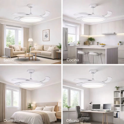 Ventilador de techo con luz LED 36W Blanco en 3 Temperaturas de Luz con Mando a Distancia -Motor DC Eficiente y Silencioso, 3 tonalidades, aspas desplegables retráctiles, 6 velocidades, control remoto, memoria, temporizador
