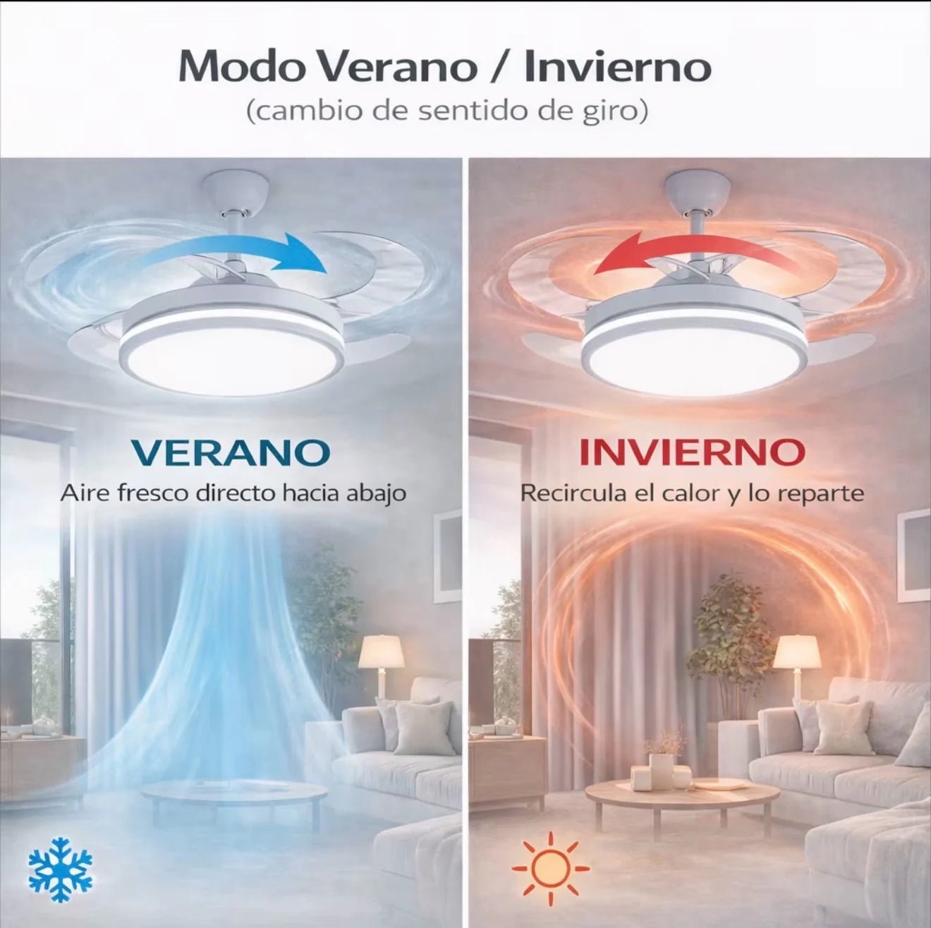 Ventilador de techo con luz LED 36W Blanco en 3 Temperaturas de Luz con Mando a Distancia -Motor DC Eficiente y Silencioso, 3 tonalidades, aspas desplegables retráctiles, 6 velocidades, control remoto, memoria, temporizador