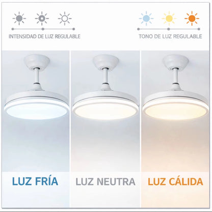 Ventilador de techo con luz LED 36W Blanco en 3 Temperaturas de Luz con Mando a Distancia -Motor DC Eficiente y Silencioso, 3 tonalidades, aspas desplegables retráctiles, 6 velocidades, control remoto, memoria, temporizador
