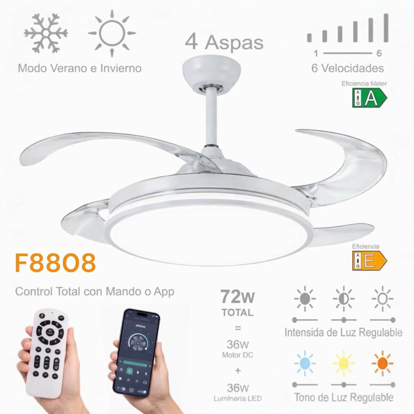 Ventilador de techo con luz LED 36W Blanco en 3 Temperaturas de Luz con Mando a Distancia -Motor DC Eficiente y Silencioso, 3 tonalidades, aspas desplegables retráctiles, 6 velocidades, control remoto, memoria, temporizador