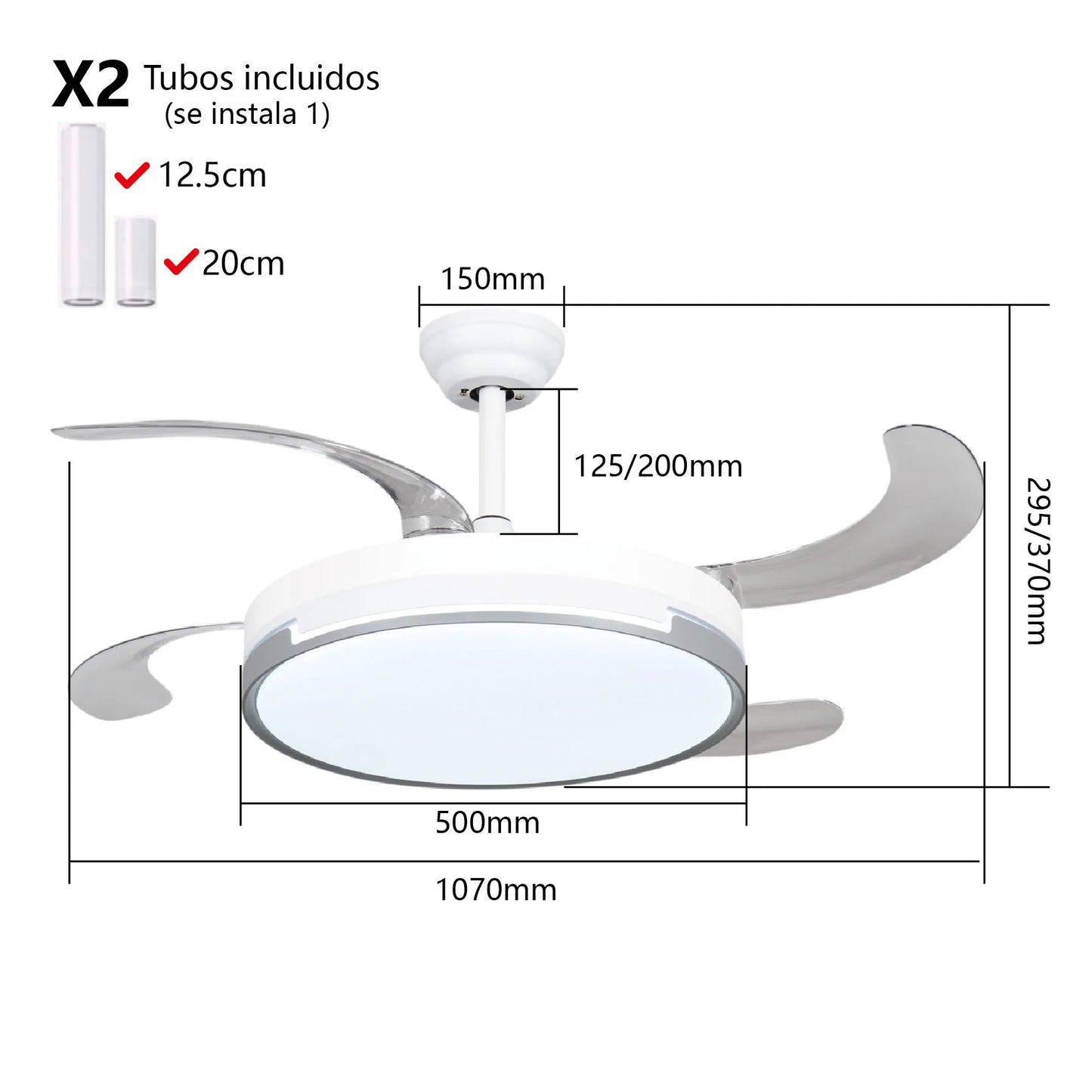 Ventilador de techo con luz LED 36W Blanco en 3 Temperaturas de Luz con Mando a Distancia -Motor DC Eficiente y Silencioso, 3 tonalidades, aspas desplegables retráctiles, 6 velocidades, control remoto, memoria, temporizador