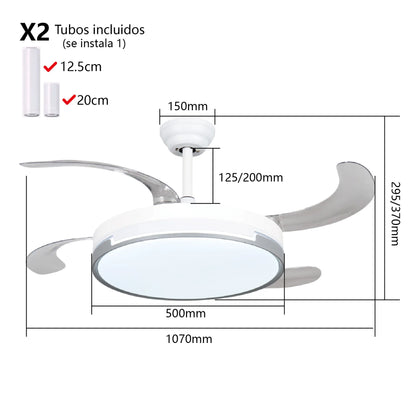 Ventilador de techo con luz LED 36W Blanco en 3 Temperaturas de Luz con Mando a Distancia -Motor DC Eficiente y Silencioso, 3 tonalidades, aspas desplegables retráctiles, 6 velocidades, control remoto, memoria, temporizador