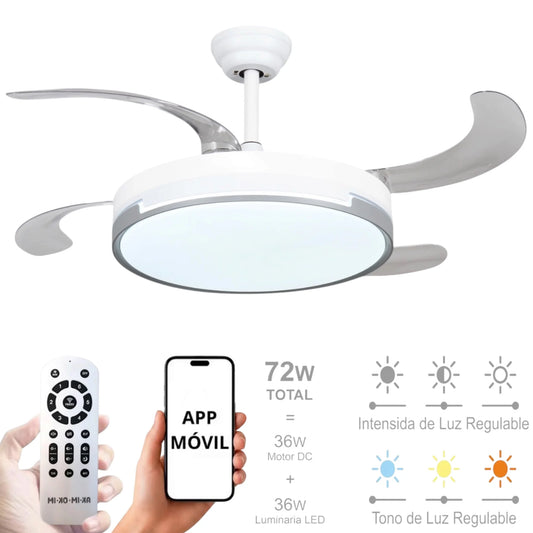 Ventilador de techo con luz LED 36W Blanco en 3 Temperaturas de Luz con Mando a Distancia -Motor DC Eficiente y Silencioso, 3 tonalidades, aspas desplegables retráctiles, 6 velocidades, control remoto, memoria, temporizador