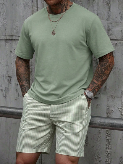 Conjunto de Verano para Hombre, Camiseta de Manga Corta y Pantalones Cortos, Estilo Deportivo, Ligero, Cuello Redondo, Transpirable, Conjunto de Dos Piezas