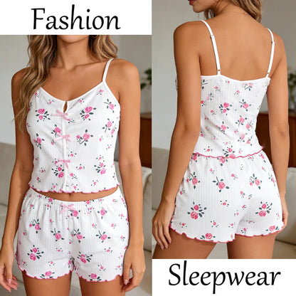 Conjunto de pijama y pantalones cortos con tirantes finos para mujer, ropa de dormir con estampado de corazón de cereza, ropa de dormir Sexy con lazo bonito, S-XL