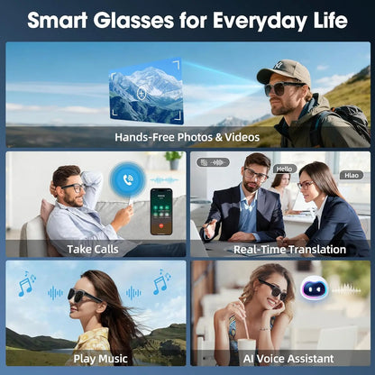 Gafas Inteligentes con IA 2026, Grabación de Video HD 1080P, Cámara, ChatGPT, Llamadas Bluetooth, 32GB ROM, Traducción de Idiomas, Música, Gafas de Sol para Hombre