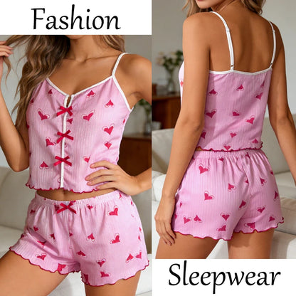 Conjunto de pijama y pantalones cortos con tirantes finos para mujer, ropa de dormir con estampado de corazón de cereza, ropa de dormir Sexy con lazo bonito, S-XL