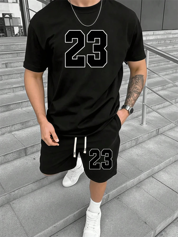 Conjunto de Verano para Hombre, Camiseta de Manga Corta y Pantalones Cortos, Estilo Deportivo, Ligero, Cuello Redondo, Transpirable, Conjunto de Dos Piezas