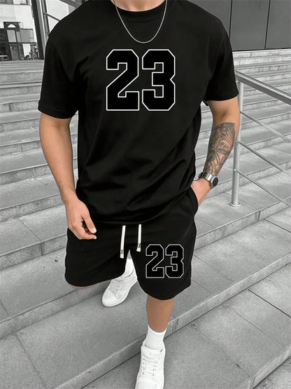 Conjunto de Verano para Hombre, Camiseta de Manga Corta y Pantalones Cortos, Estilo Deportivo, Ligero, Cuello Redondo, Transpirable, Conjunto de Dos Piezas