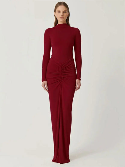 Vestidos rojos sexis para mujer, ropa nueva de otoño, moda con pliegues, cuello redondo, manga larga, vestido Maxi ajustado informal, vestido elegante de punto para mujer