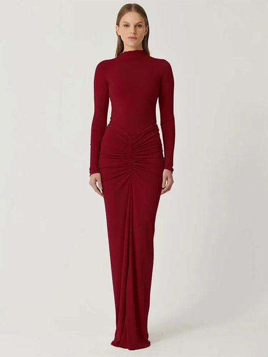 Vestidos rojos sexis para mujer, ropa nueva de otoño, moda con pliegues, cuello redondo, manga larga, vestido Maxi ajustado informal, vestido elegante de punto para mujer