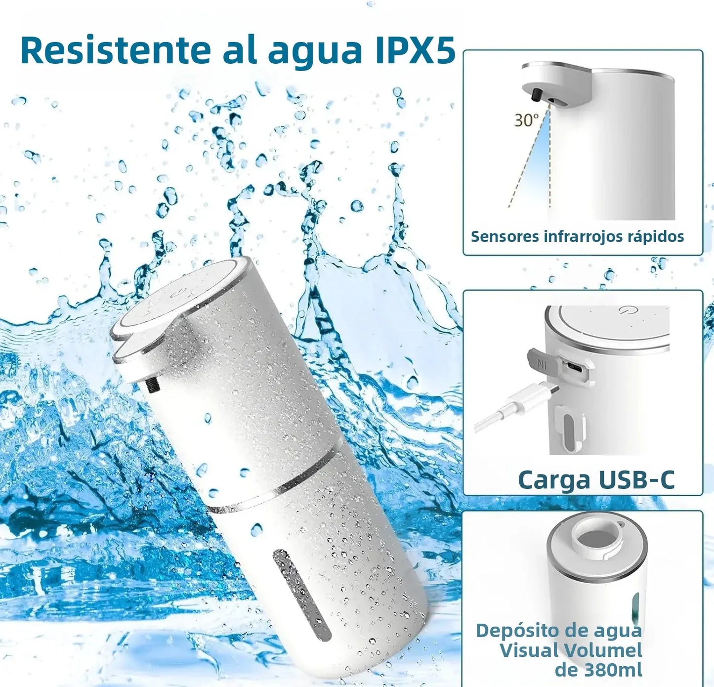 Dispensador automático de jabón líquido/Foma, dispensador eléctrico sin contacto, recargable por USB con sensor infrarrojo para baño, cocina