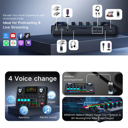 Mezclador de audio, tarjeta de sonido en vivo con efectos de mezclador de DJ y cambiador de voz, placa de sonido con RGB, equipo de grabación de música