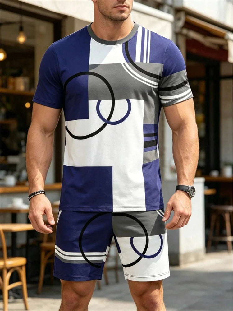 Conjunto de Verano para Hombre, Camiseta de Manga Corta y Pantalones Cortos, Estilo Deportivo, Ligero, Cuello Redondo, Transpirable, Conjunto de Dos Piezas
