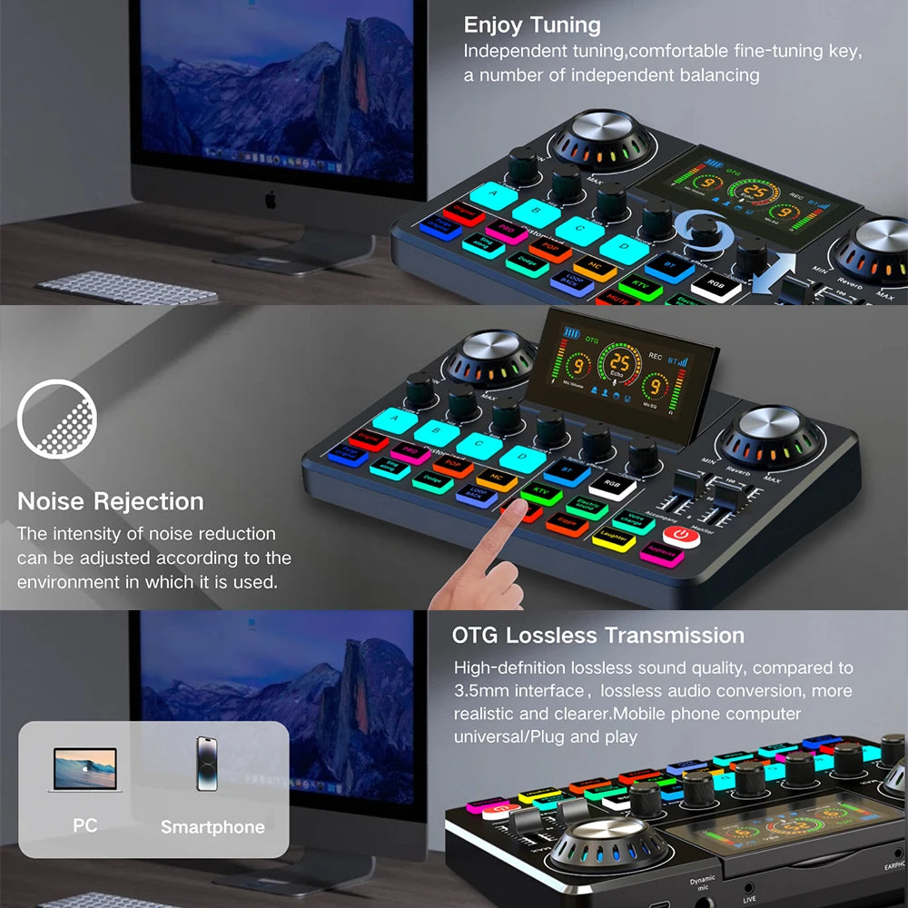 Mezclador de audio, tarjeta de sonido en vivo con efectos de mezclador de DJ y cambiador de voz, placa de sonido con RGB, equipo de grabación de música