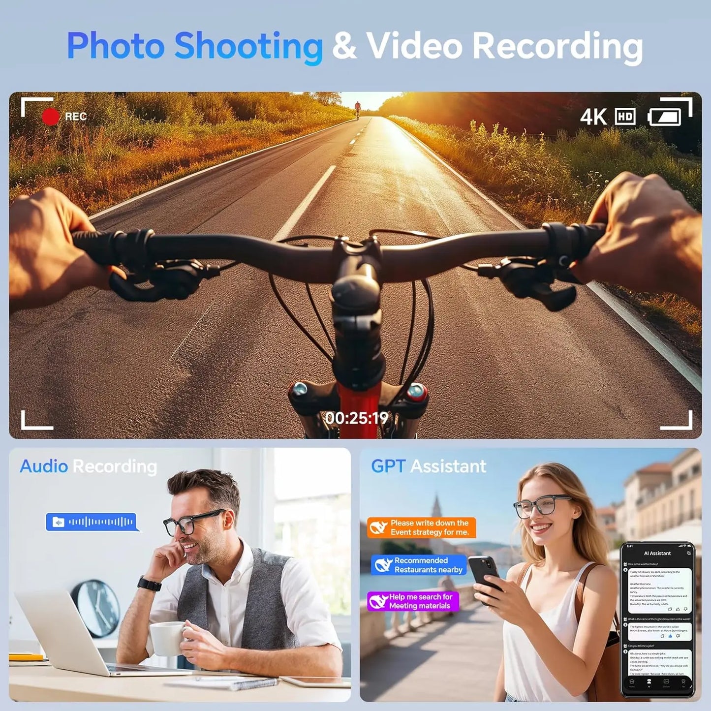Gafas Inteligentes con IA 2026, Grabación de Video HD 1080P, Cámara, ChatGPT, Llamadas Bluetooth, 32GB ROM, Traducción de Idiomas, Música, Gafas de Sol para Hombre