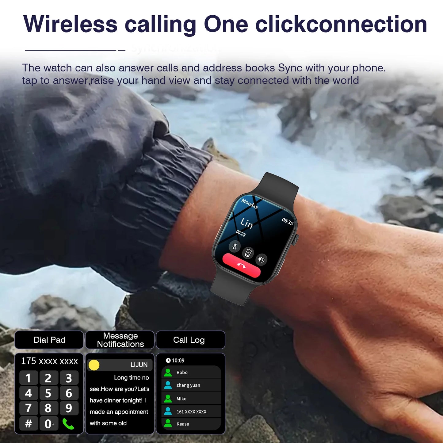 Reloj inteligente con pantalla HD de 2,02 pulgadas: llamadas/diales inalámbricas, notificaciones de alarma/mensaje, seguimiento de ejercicios, control de música.