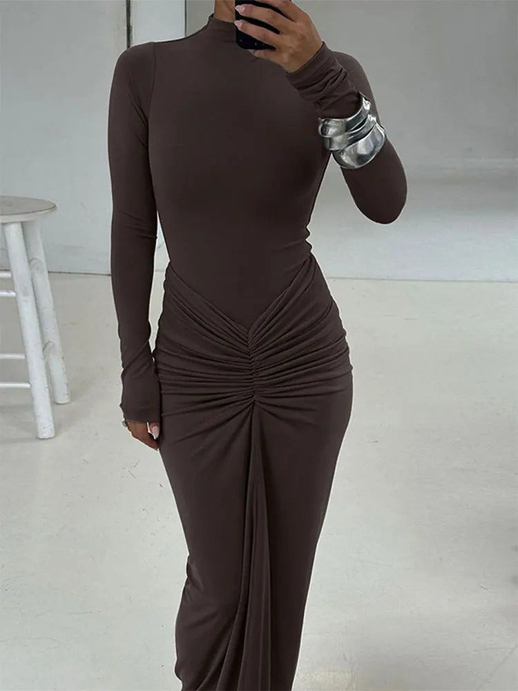 Vestidos rojos sexis para mujer, ropa nueva de otoño, moda con pliegues, cuello redondo, manga larga, vestido Maxi ajustado informal, vestido elegante de punto para mujer