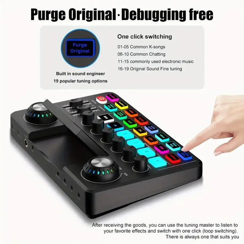 Mezclador de audio, tarjeta de sonido en vivo con efectos de mezclador de DJ y cambiador de voz, placa de sonido con RGB, equipo de grabación de música