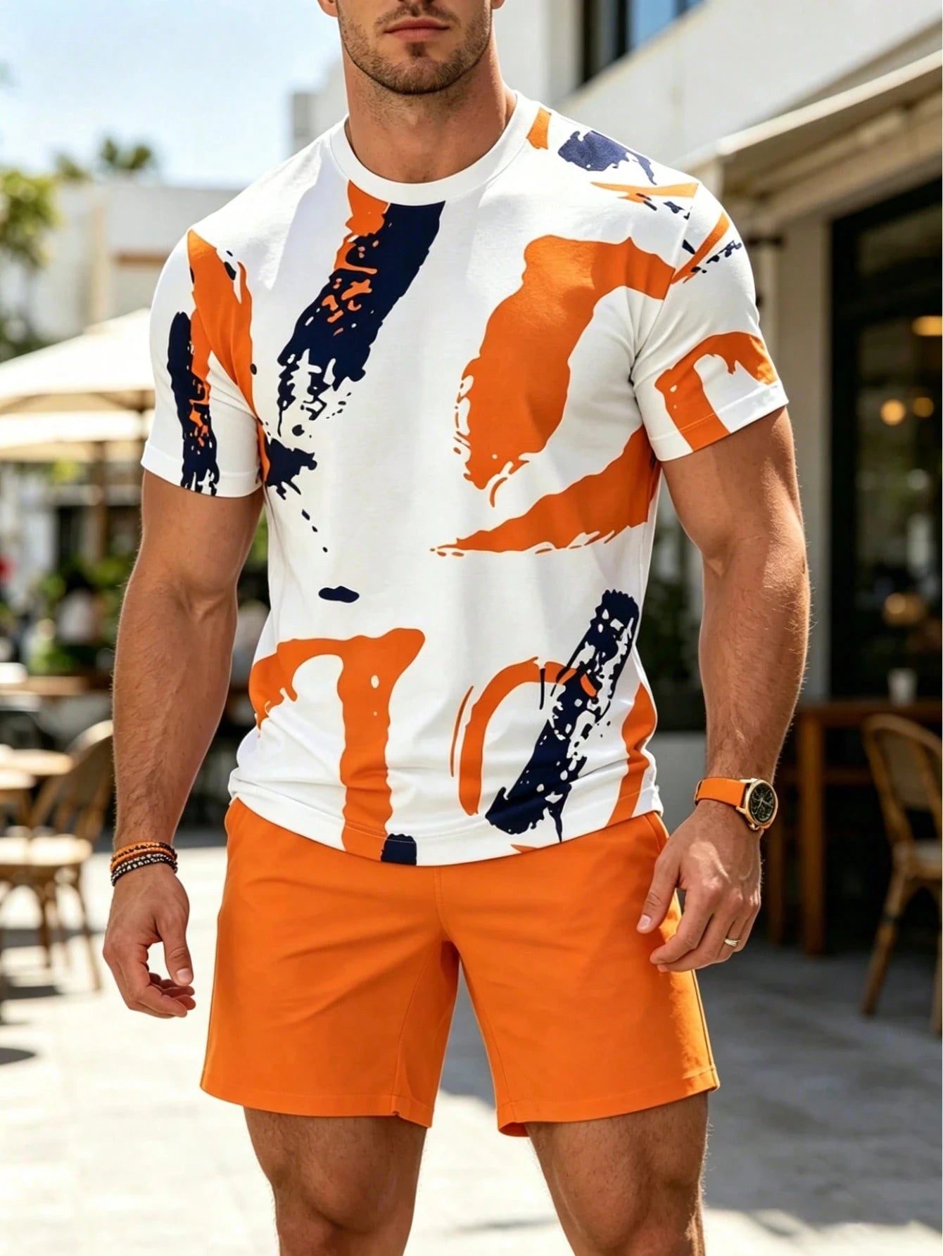 Conjunto de Verano para Hombre, Camiseta de Manga Corta y Pantalones Cortos, Estilo Deportivo, Ligero, Cuello Redondo, Transpirable, Conjunto de Dos Piezas