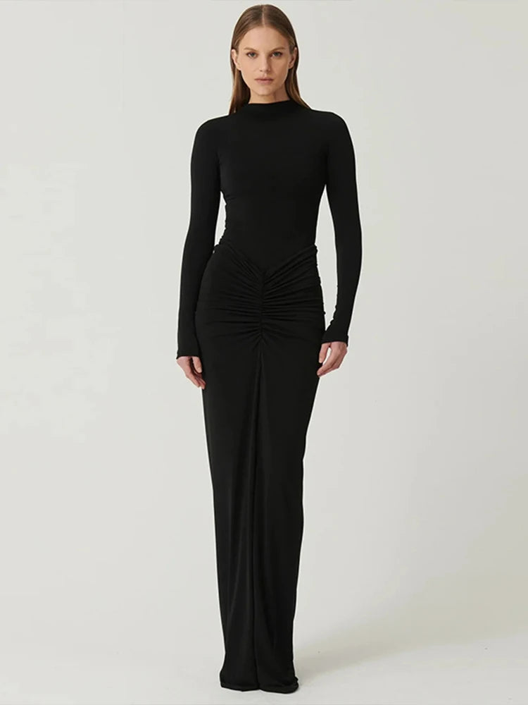 Vestidos rojos sexis para mujer, ropa nueva de otoño, moda con pliegues, cuello redondo, manga larga, vestido Maxi ajustado informal, vestido elegante de punto para mujer