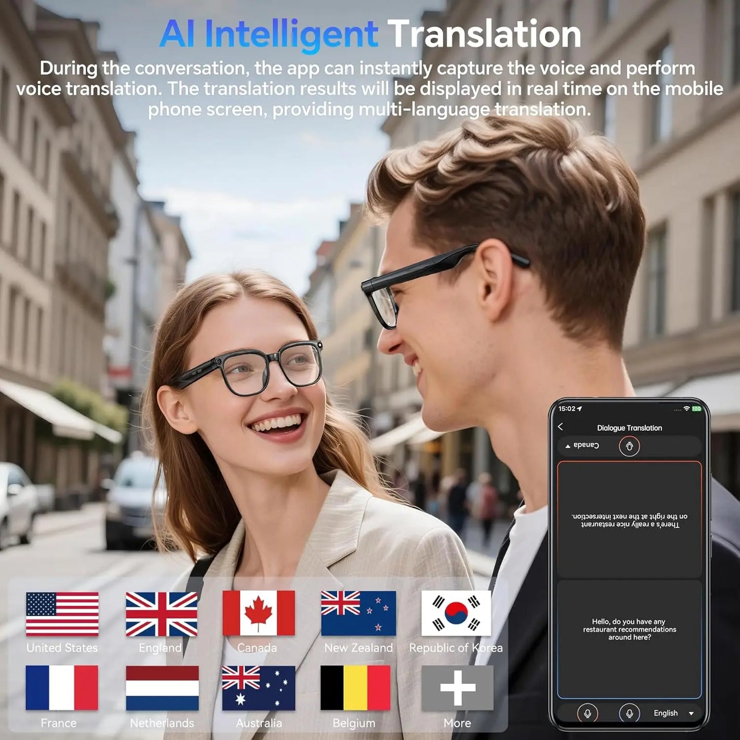 Gafas Inteligentes con IA 2026, Grabación de Video HD 1080P, Cámara, ChatGPT, Llamadas Bluetooth, 32GB ROM, Traducción de Idiomas, Música, Gafas de Sol para Hombre