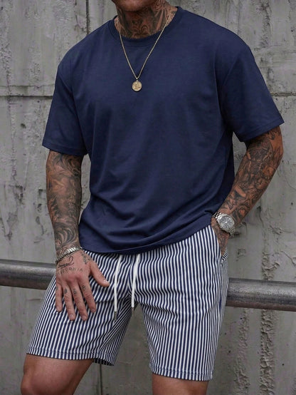 Conjunto de Verano para Hombre, Camiseta de Manga Corta y Pantalones Cortos, Estilo Deportivo, Ligero, Cuello Redondo, Transpirable, Conjunto de Dos Piezas