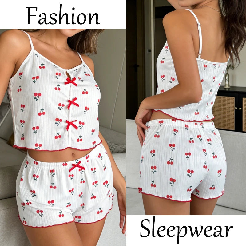 Conjunto de pijama y pantalones cortos con tirantes finos para mujer, ropa de dormir con estampado de corazón de cereza, ropa de dormir Sexy con lazo bonito, S-XL
