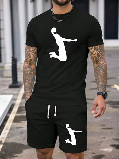 Conjunto de Verano para Hombre, Camiseta de Manga Corta y Pantalones Cortos, Estilo Deportivo, Ligero, Cuello Redondo, Transpirable, Conjunto de Dos Piezas