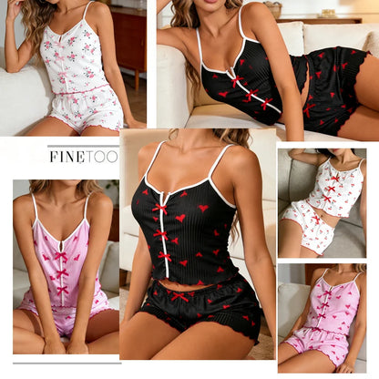 Conjunto de pijama y pantalones cortos con tirantes finos para mujer, ropa de dormir con estampado de corazón de cereza, ropa de dormir Sexy con lazo bonito, S-XL