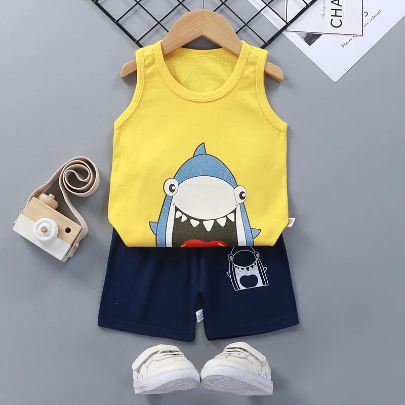Conjuntos para niños, ropa para niños, chaleco para niños y niñas, traje de verano, ropa para niños, camisetas de algodón para bebés, pantalones cortos, camiseta sin mangas