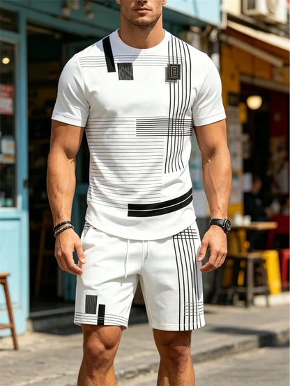 Conjunto de Verano para Hombre, Camiseta de Manga Corta y Pantalones Cortos, Estilo Deportivo, Ligero, Cuello Redondo, Transpirable, Conjunto de Dos Piezas