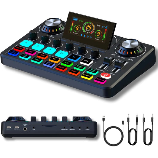 Mezclador de audio, tarjeta de sonido en vivo con efectos de mezclador de DJ y cambiador de voz, placa de sonido con RGB, equipo de grabación de música