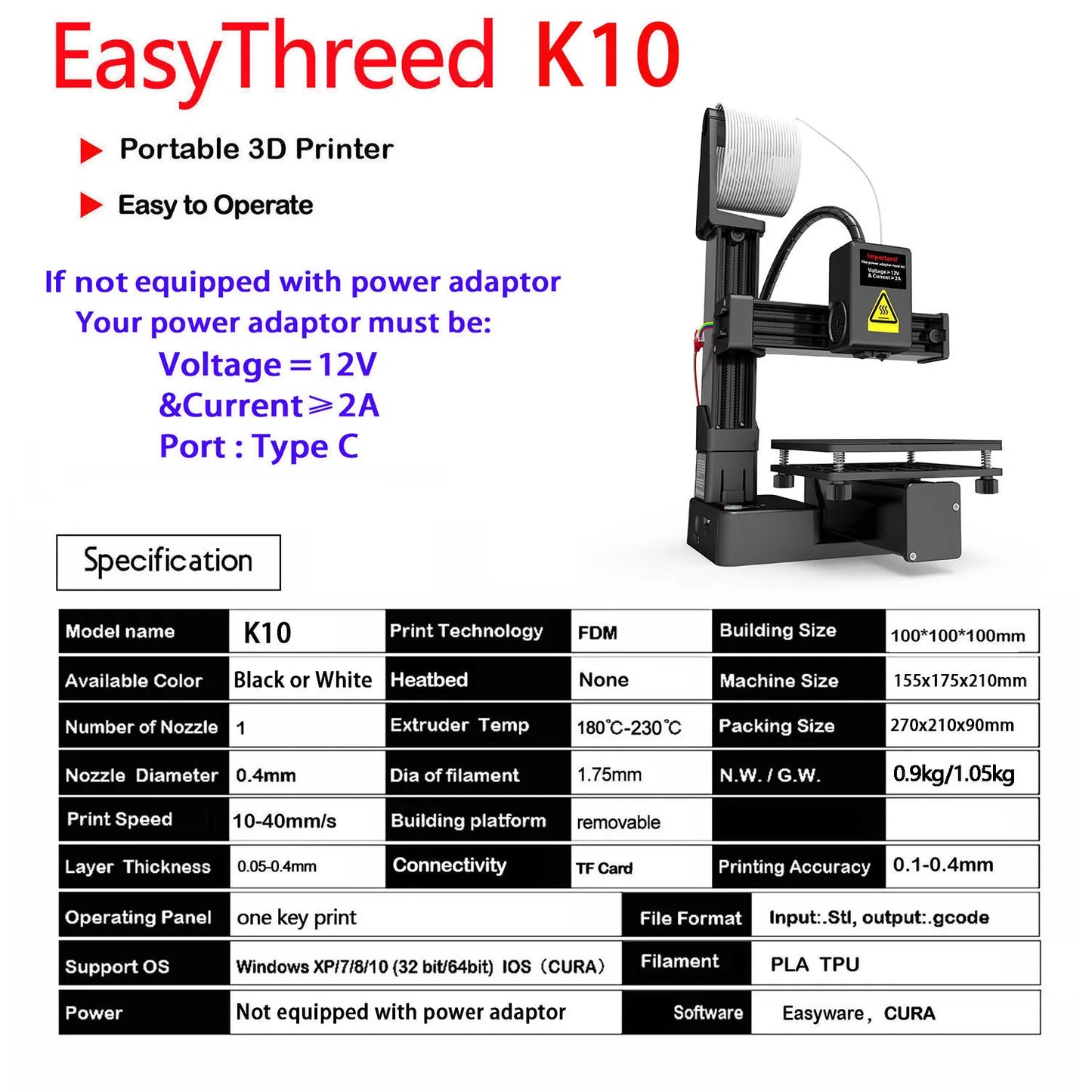 Nivel de entrada de impresora 3D EasyThreed compatible con filamento PLA TPU de 1,75 mm incluye adaptador de corriente.