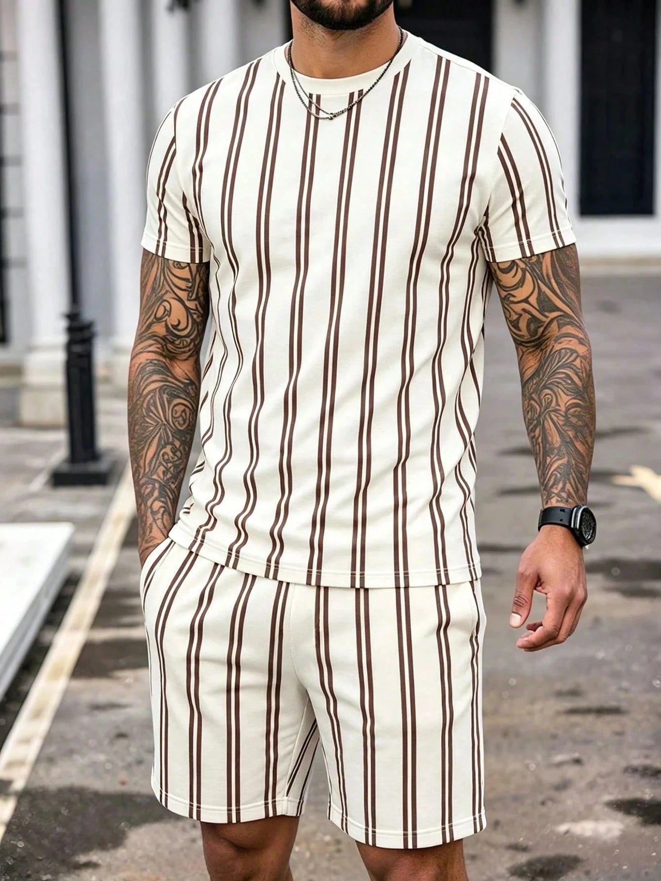 Conjunto de Verano para Hombre, Camiseta de Manga Corta y Pantalones Cortos, Estilo Deportivo, Ligero, Cuello Redondo, Transpirable, Conjunto de Dos Piezas
