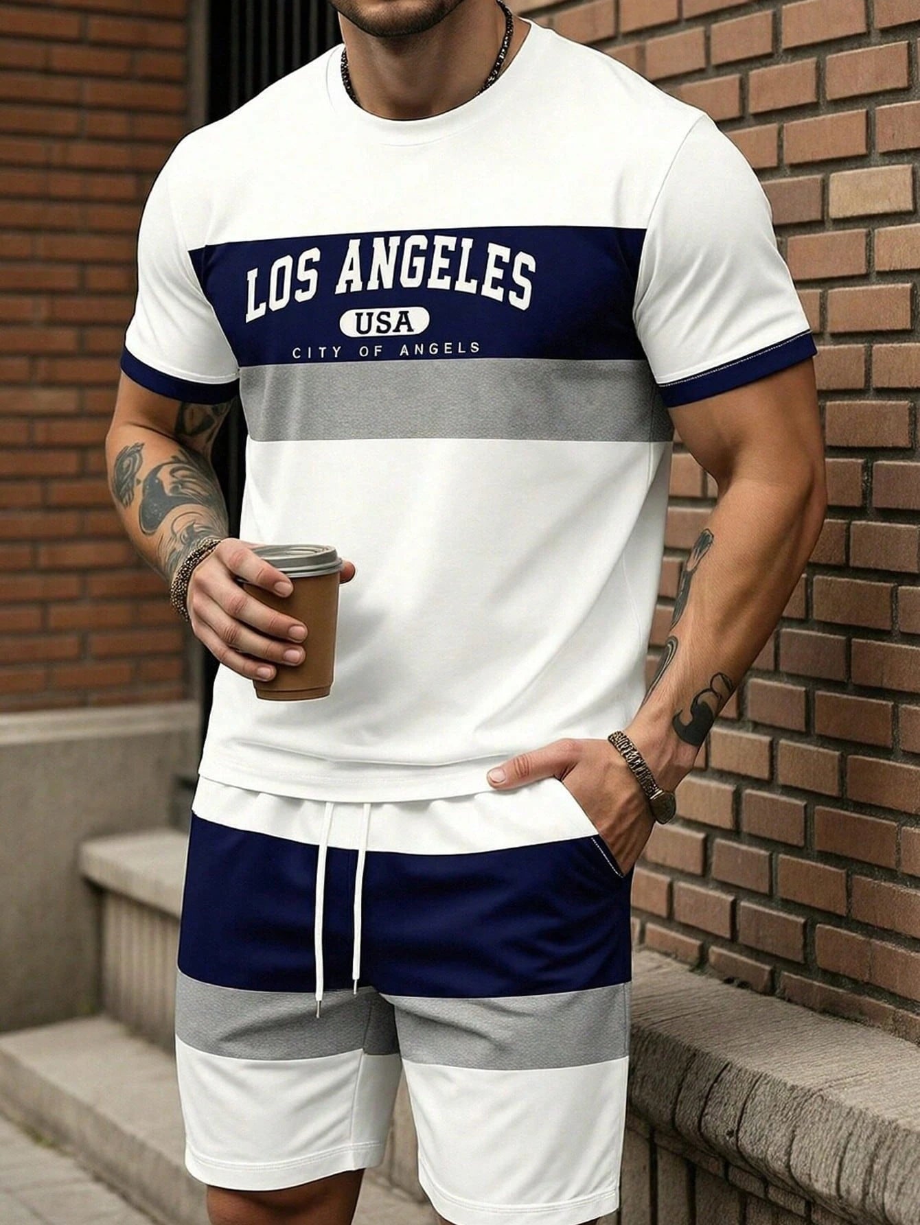 Conjunto de Verano para Hombre, Camiseta de Manga Corta y Pantalones Cortos, Estilo Deportivo, Ligero, Cuello Redondo, Transpirable, Conjunto de Dos Piezas
