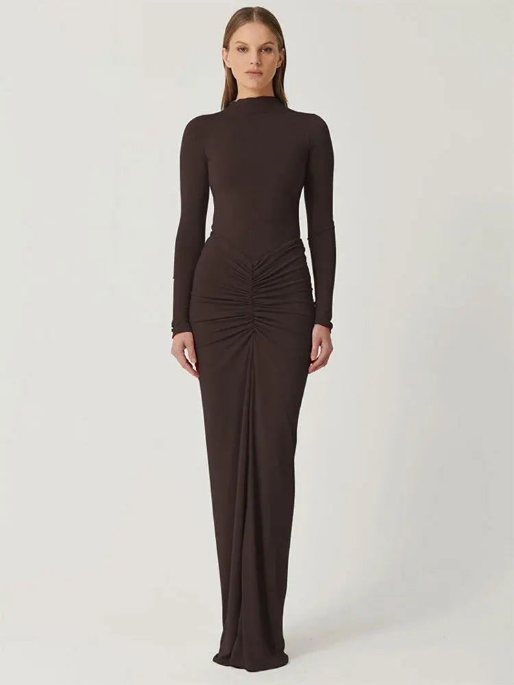 Vestidos rojos sexis para mujer, ropa nueva de otoño, moda con pliegues, cuello redondo, manga larga, vestido Maxi ajustado informal, vestido elegante de punto para mujer
