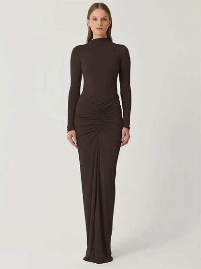 Vestidos rojos sexis para mujer, ropa nueva de otoño, moda con pliegues, cuello redondo, manga larga, vestido Maxi ajustado informal, vestido elegante de punto para mujer