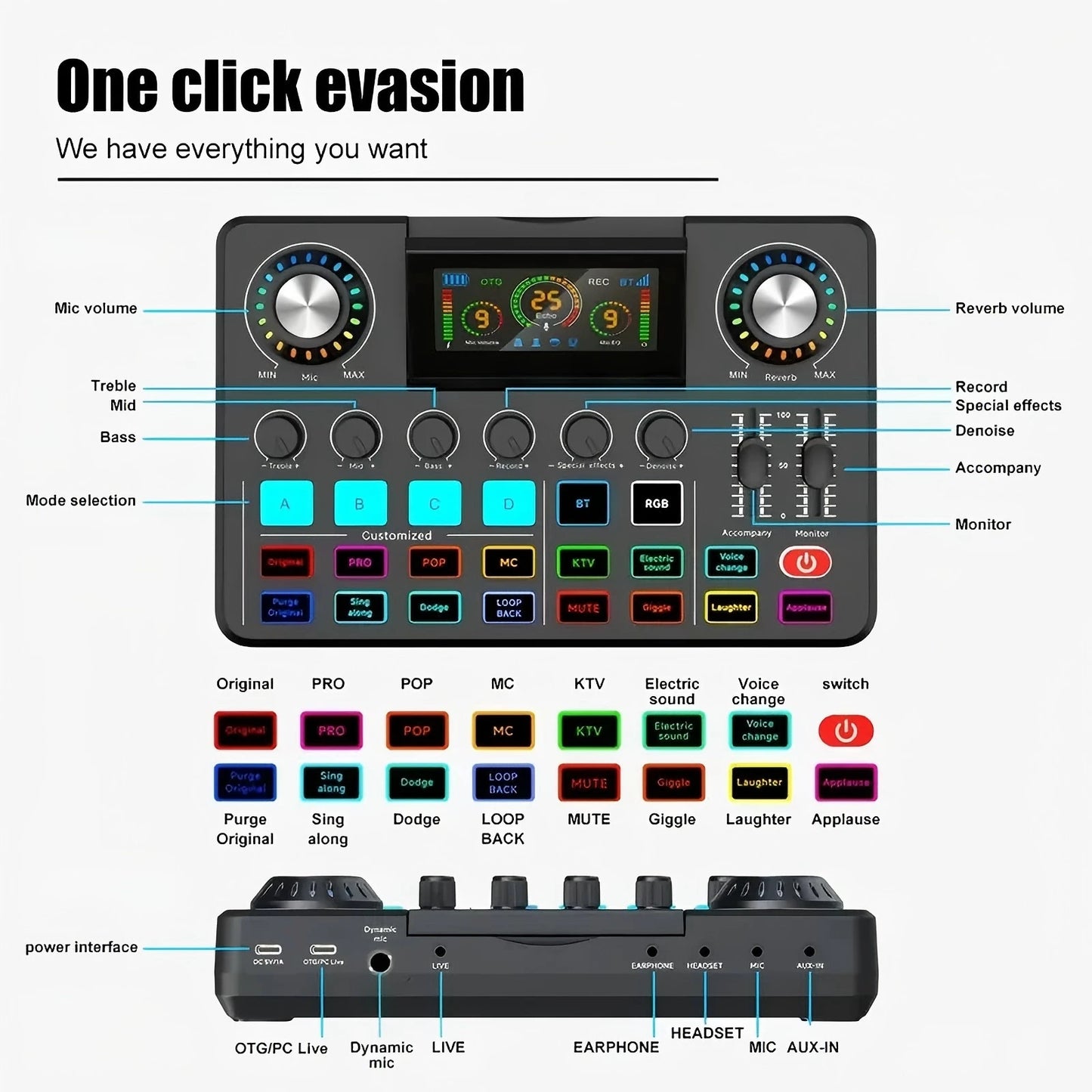 Mezclador de audio, tarjeta de sonido en vivo con efectos de mezclador de DJ y cambiador de voz, placa de sonido con RGB, equipo de grabación de música