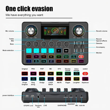 Mezclador de audio, tarjeta de sonido en vivo con efectos de mezclador de DJ y cambiador de voz, placa de sonido con RGB, equipo de grabación de música