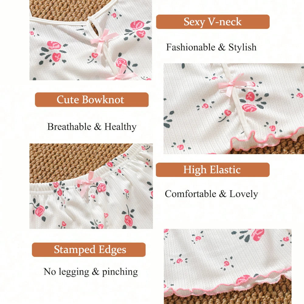 Conjunto de pijama y pantalones cortos con tirantes finos para mujer, ropa de dormir con estampado de corazón de cereza, ropa de dormir Sexy con lazo bonito, S-XL