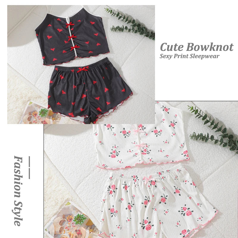 Conjunto de pijama y pantalones cortos con tirantes finos para mujer, ropa de dormir con estampado de corazón de cereza, ropa de dormir Sexy con lazo bonito, S-XL