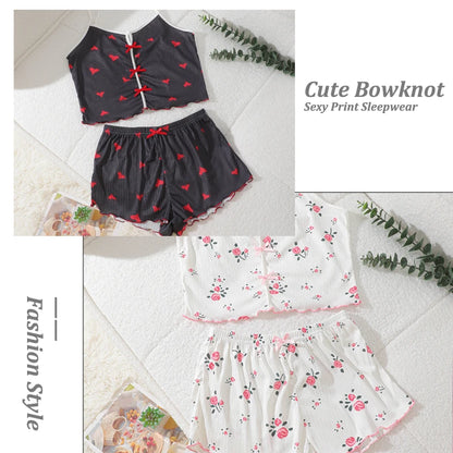Conjunto de pijama y pantalones cortos con tirantes finos para mujer, ropa de dormir con estampado de corazón de cereza, ropa de dormir Sexy con lazo bonito, S-XL