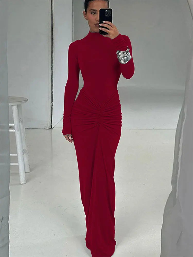 Vestidos rojos sexis para mujer, ropa nueva de otoño, moda con pliegues, cuello redondo, manga larga, vestido Maxi ajustado informal, vestido elegante de punto para mujer